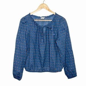 Lucky Brand Floral Boho Top Blue Womens M Tasseled Festival Hippie Long Sleeve